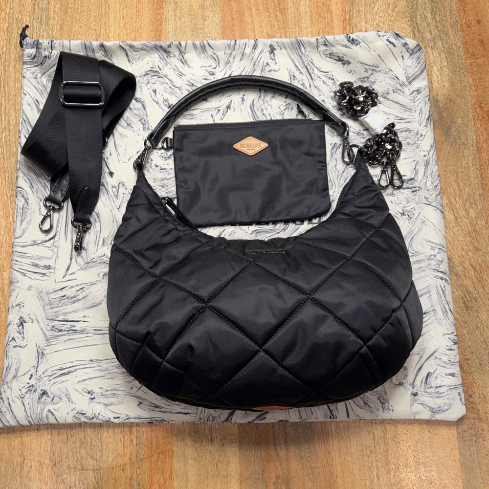 MZ Wallace Madison Black Quilted Shoulder Bag w/ 3 straps & Pouch